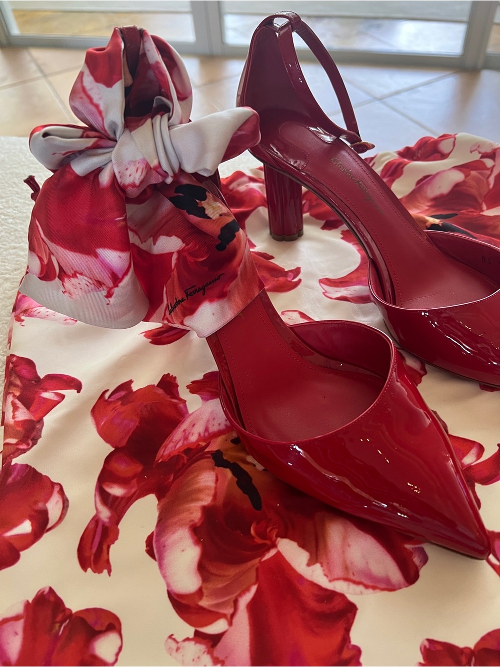 Salvatore Ferragamo Red Patent Pointed-Toe Slingback Pumps with Ankle Tie - Picture 3 of 10